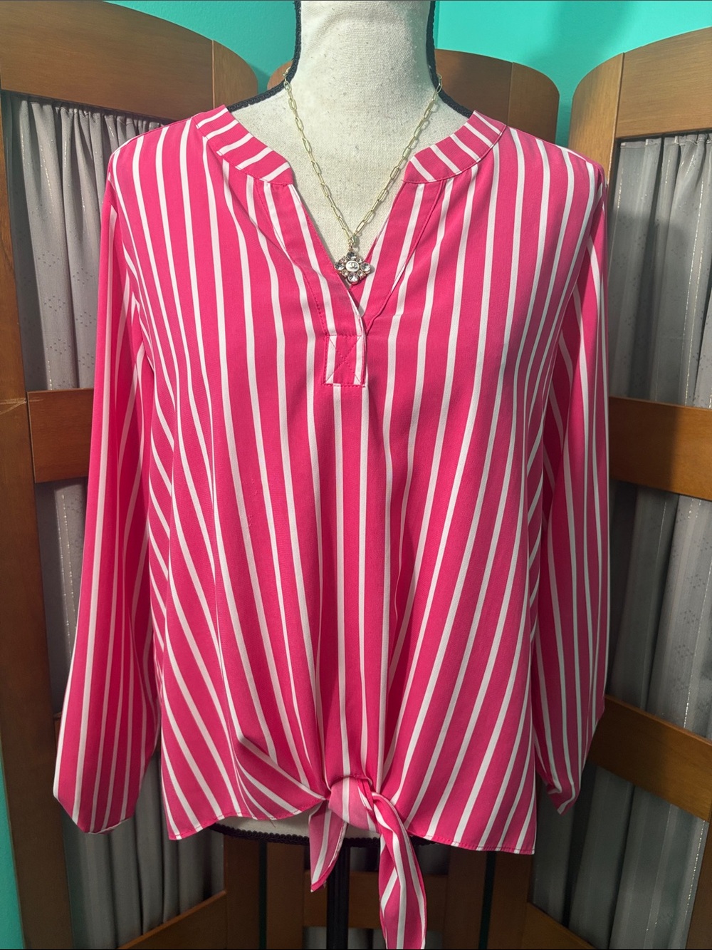 Susan Graver Hot Pink & White Striped Tie-Front Blouse